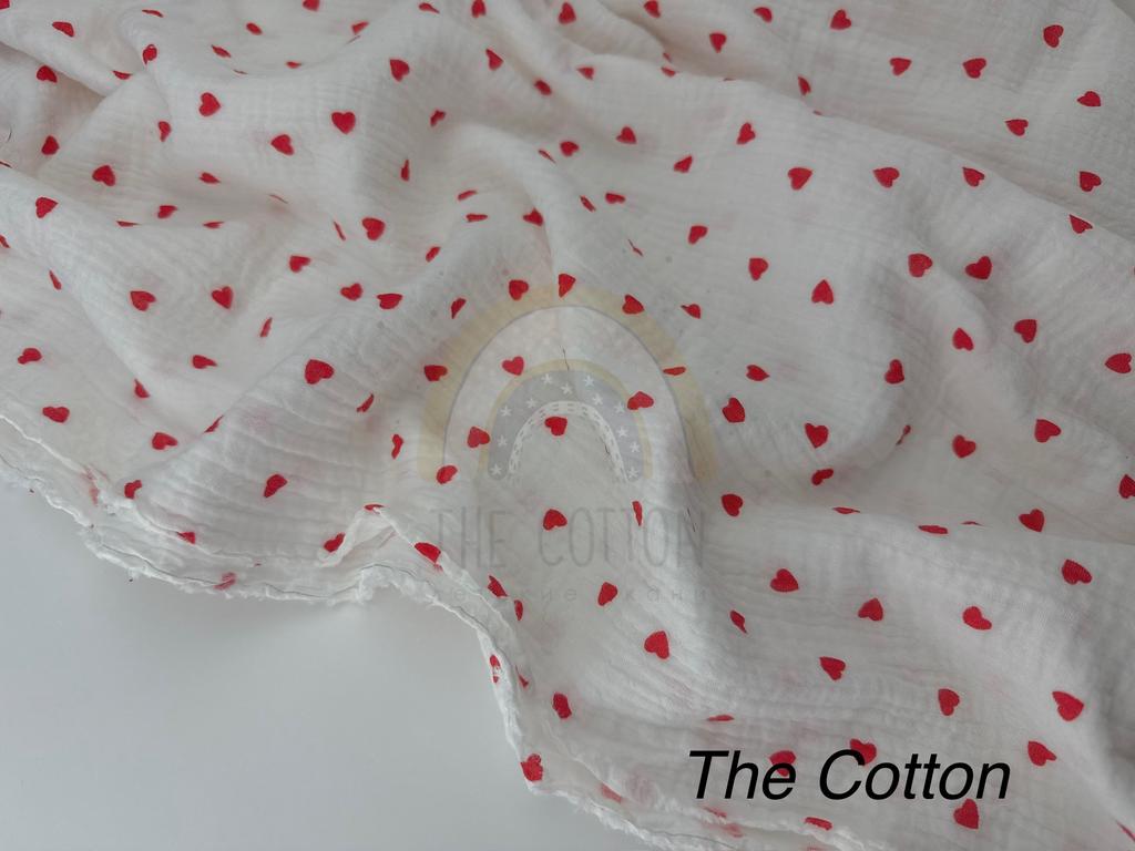 Муслін - Сердця червоні дрібні  на молочному