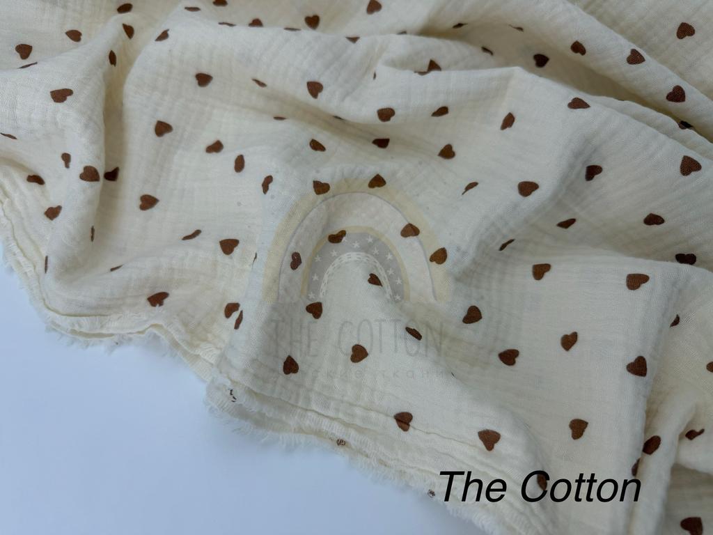 Муслін - Серця коричневі дрібні  на айворі