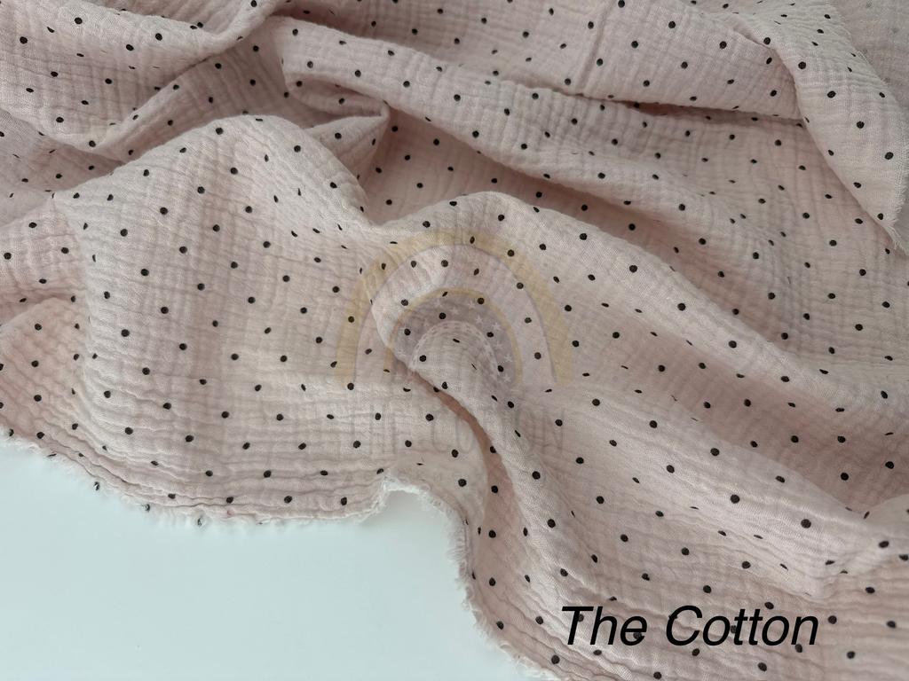 Муслін - Горошок чорний дрібний  на бежево-пудровому