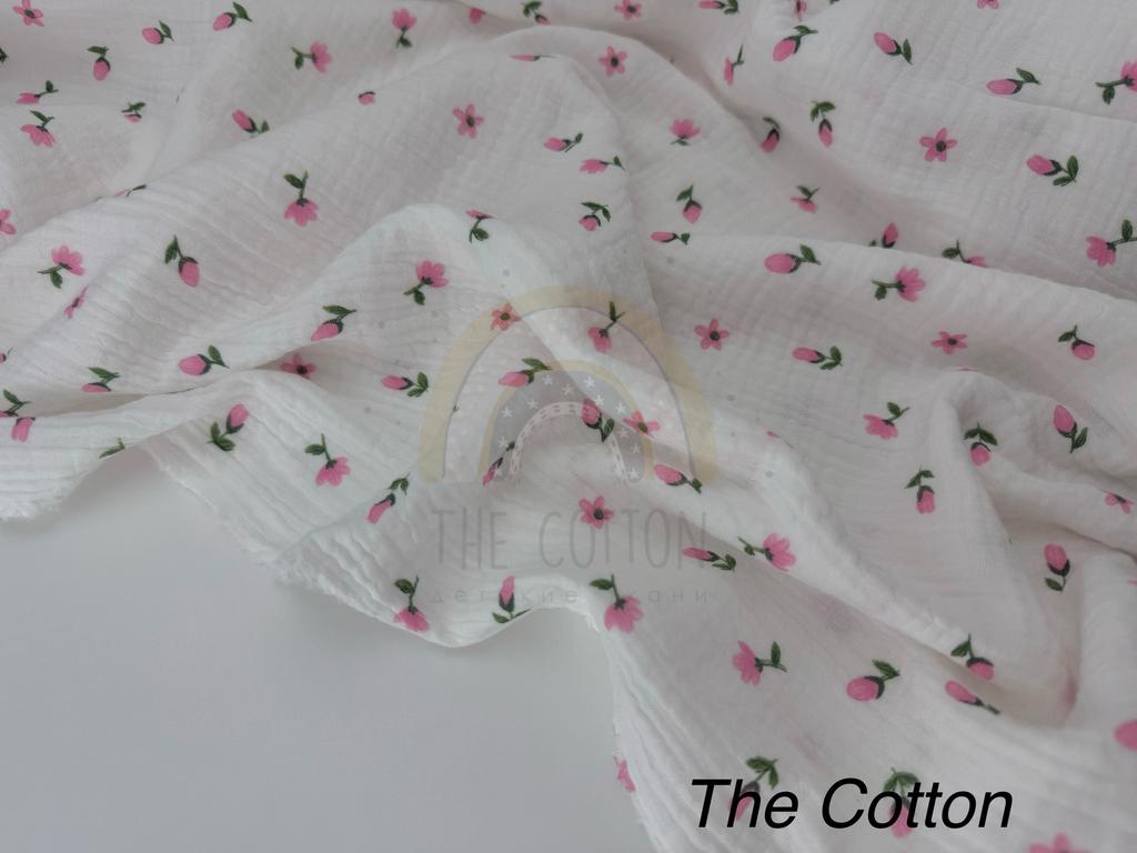 Муслін - Квіти тюльпани рожеві  на молочному