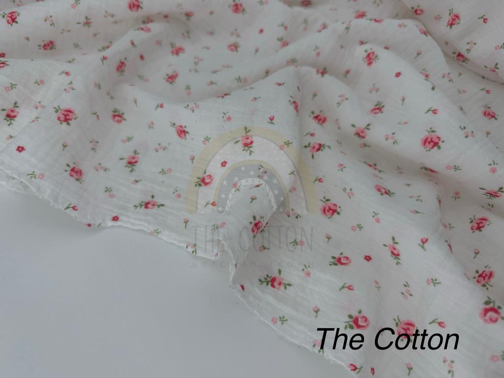 Муслін - Квіти троянди червоні дрібні  на молочному