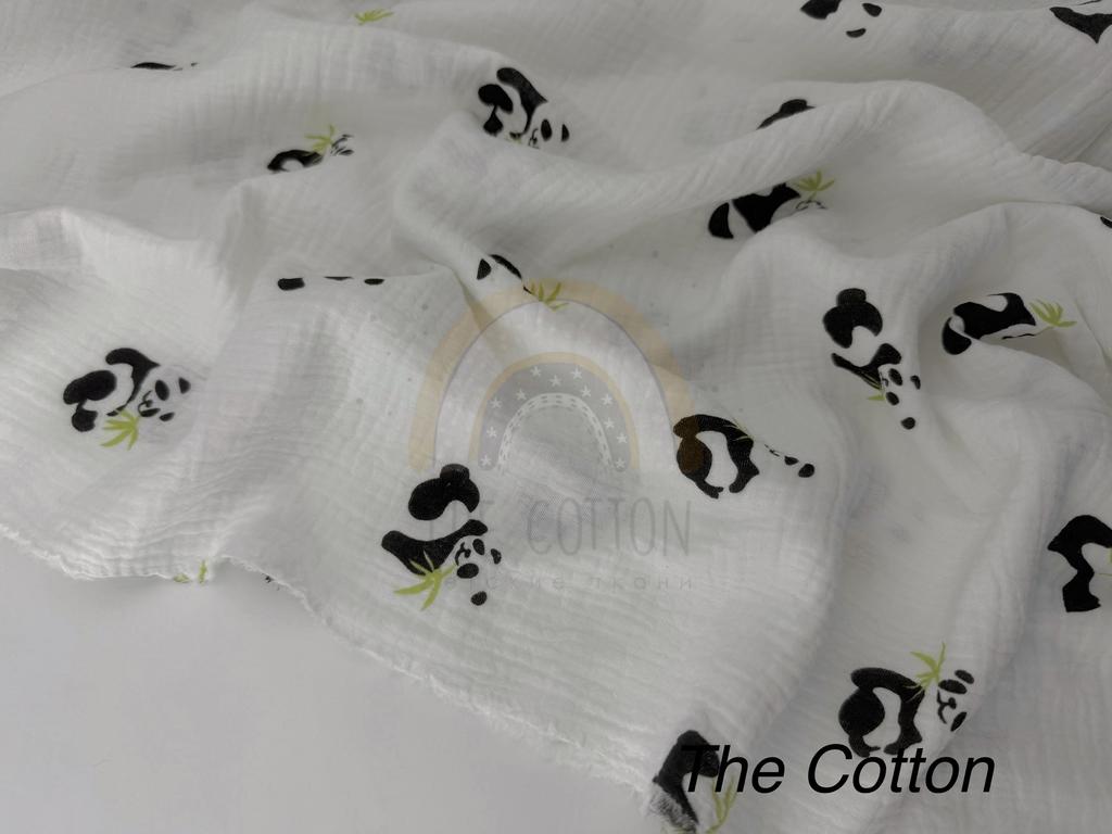 Муслін - Звірі панди з листям бамбуку  на молочному
