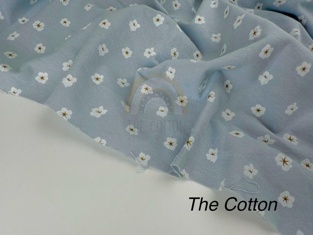 Фланель - Тепла бавовна - Квіти бавовни на блакитному