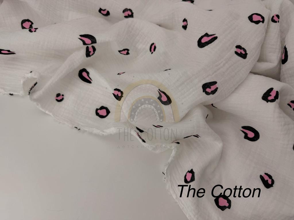 Муслін - Цятки леопард чорно-рожевий на білому