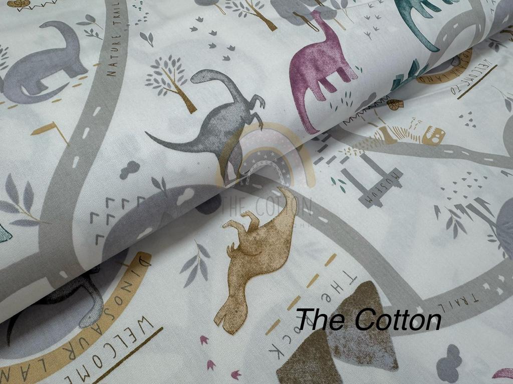 Бавовна Сатин - Динозаври сірі та бежеві на білому
