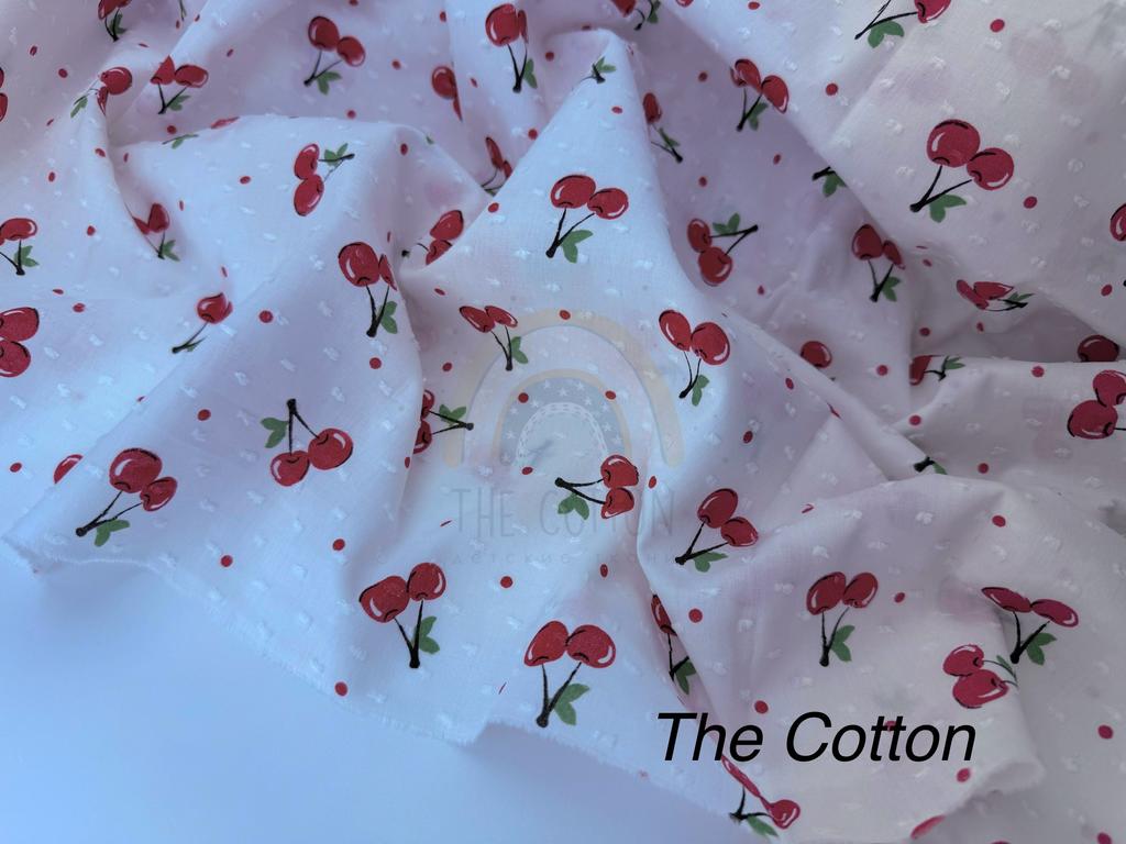 Батист в  мушку - Вишні великі і крапочки червоні  на молочному