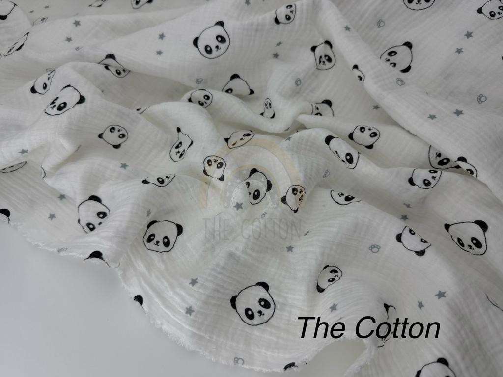 Муслін двошаровий - Звірі панди з зірочками на  молочному