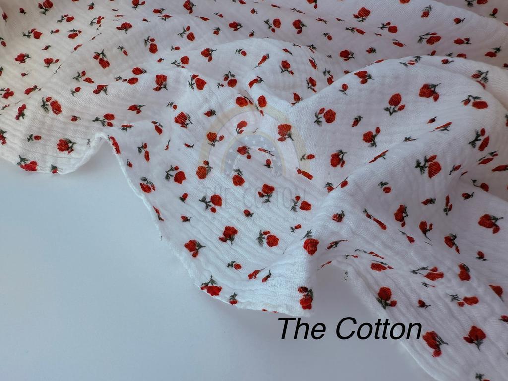 Муслін двошаровий - Квіти троянди червоні дрібні на білому