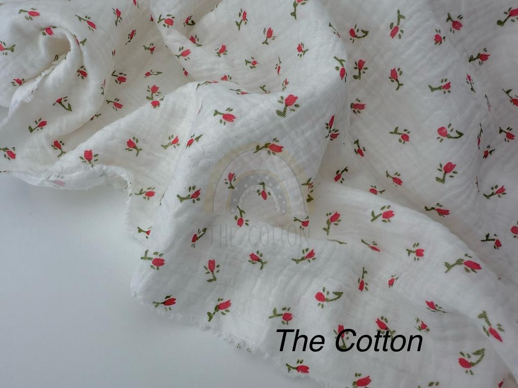 Муслін двошаровий - Квіти дрібні червоні на білому