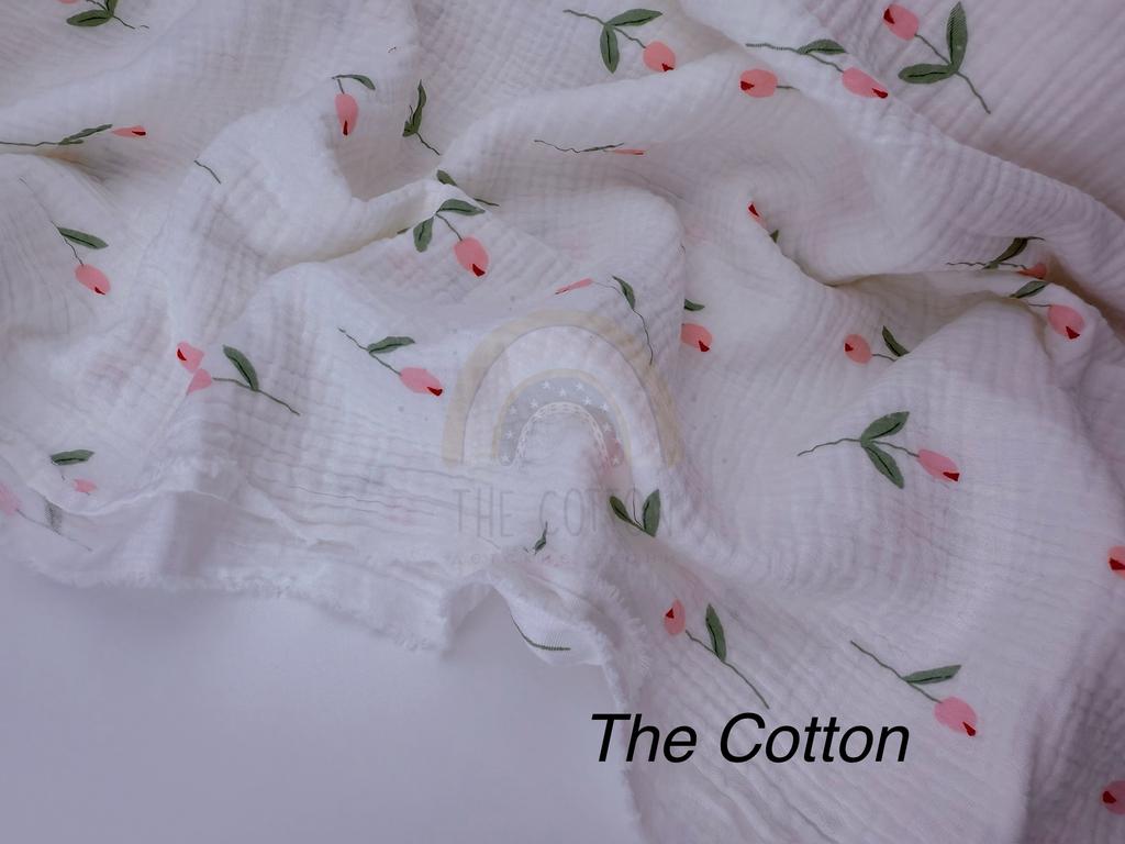 Муслін двошаровий - Квіти рожеві тюльпани з листочками на  молочному