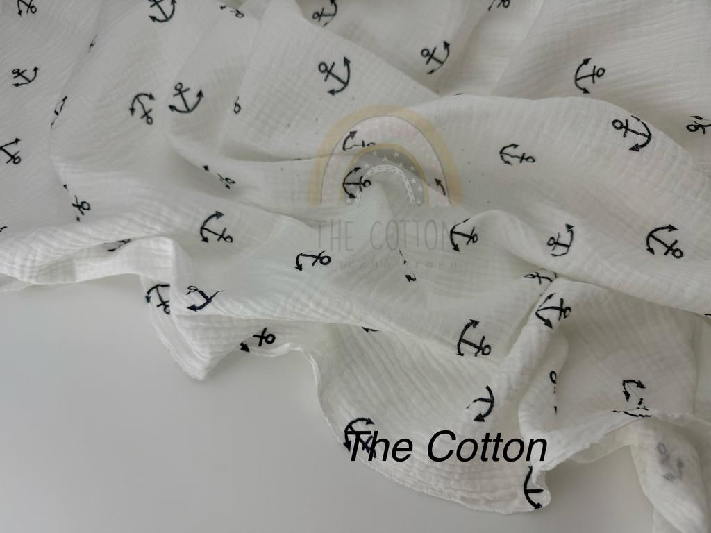 Муслін двошаровий - Якоря морські на білому