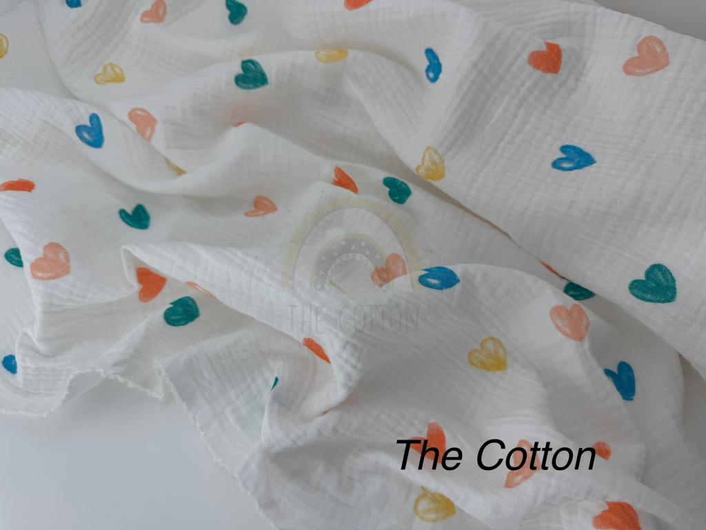 Муслін двошаровий - Сердечки великі акварельні різнокольорові на молочному