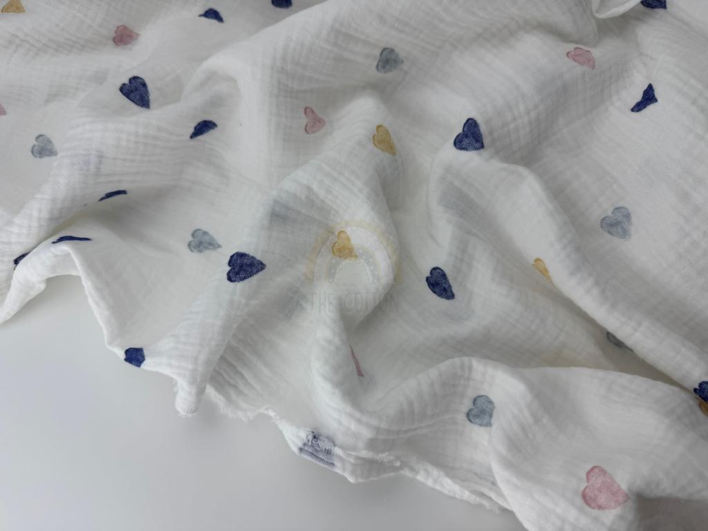 Муслін двошаровий - Серця різнокольорові акварельні  на молочному