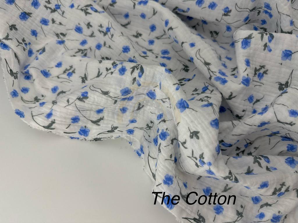 Муслін двошаровий - Квіти волошки дрібні сині на молочному