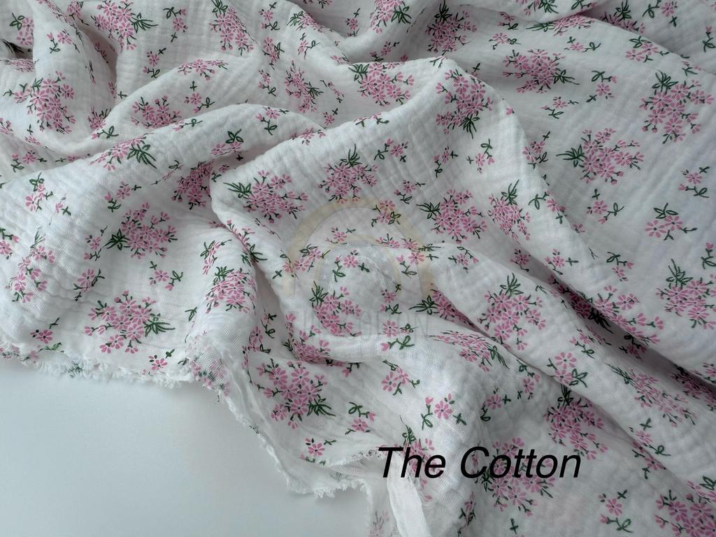 Муслін двошаровий - Квіти ромашки рожеві в букетах на білому