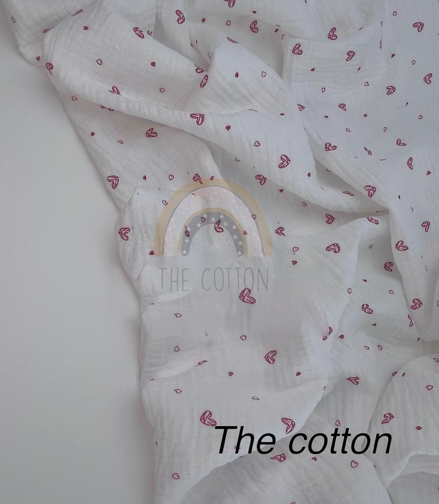 Муслін двошаровий - Серця мальовані червоні  на молочному