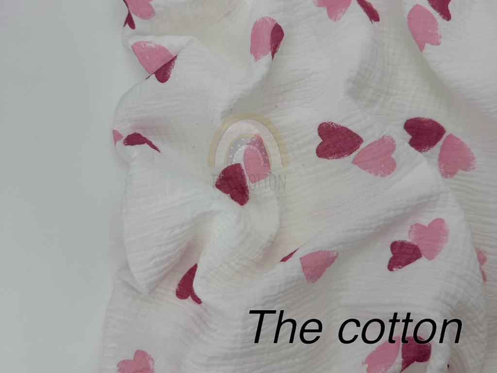 Муслін двошаровий - Сердечки великі подвійні рожеві  на молочному