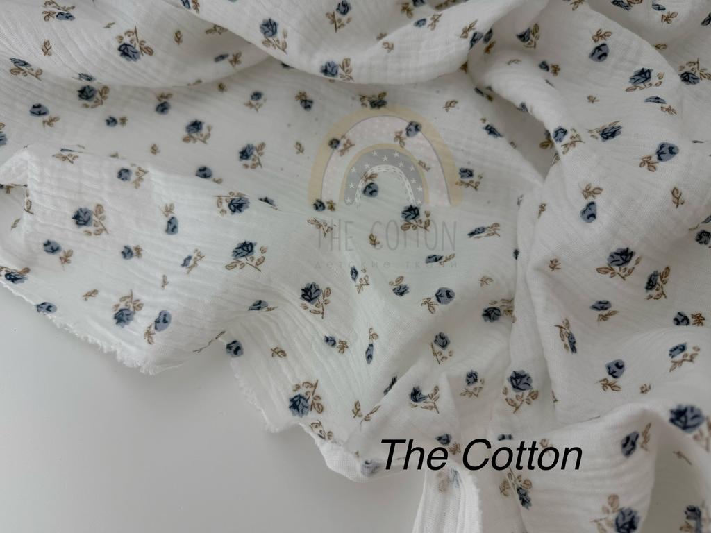 Муслін - Квіти троянди сині на молочному