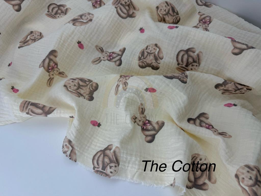 Муслін - Звірі зайчики з рожевим бантиком на айворі