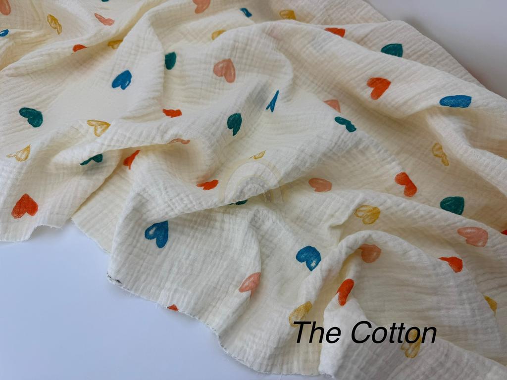 Муслін - Сердечки великі акварельні різнокольорові на айворі