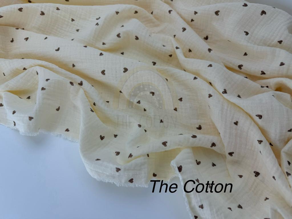 Муслін - Сердечки дрібні коричневі намальовані на айворі