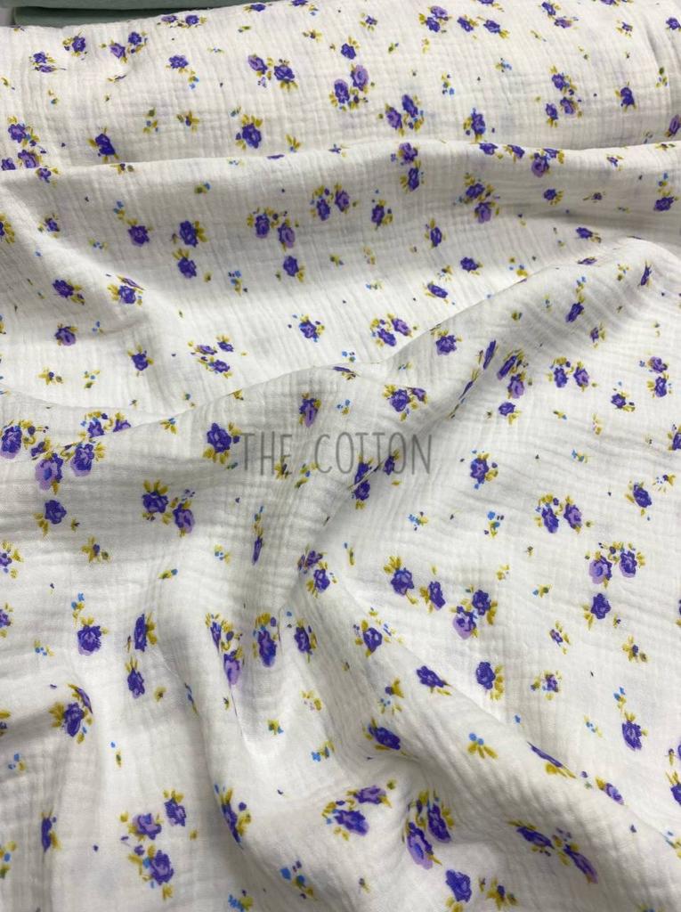 Муслін - Квіти бутони фіолетові  на молочному