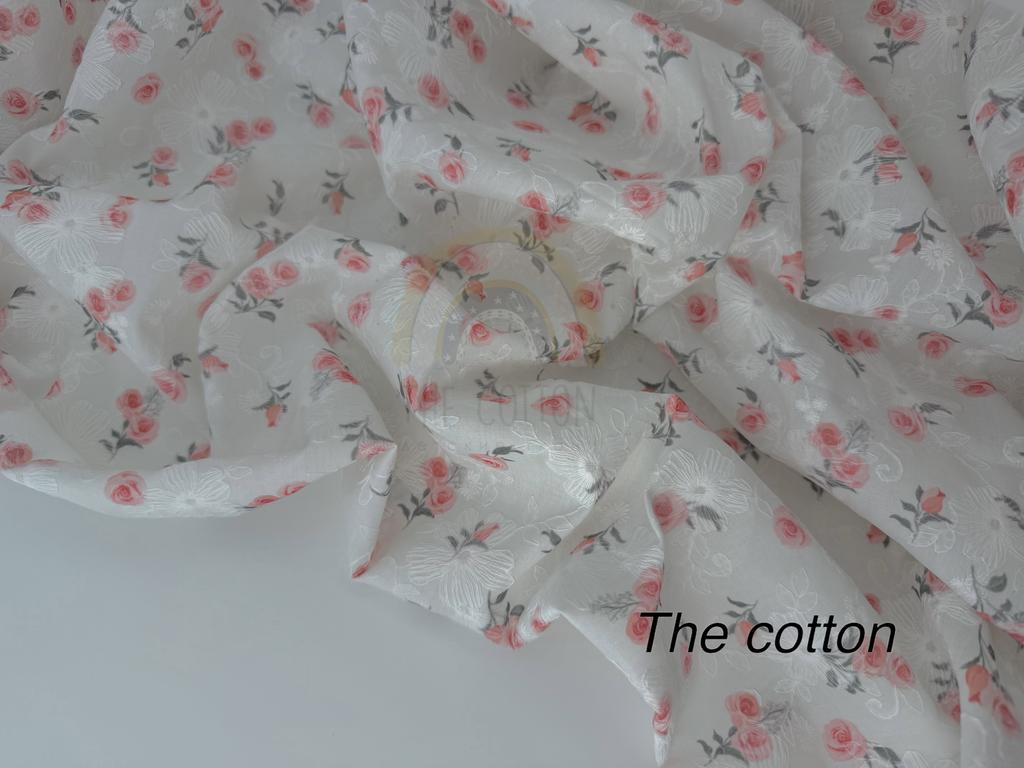 Батист вишивка - Вишивка квіти троянди коралові на молочному C187