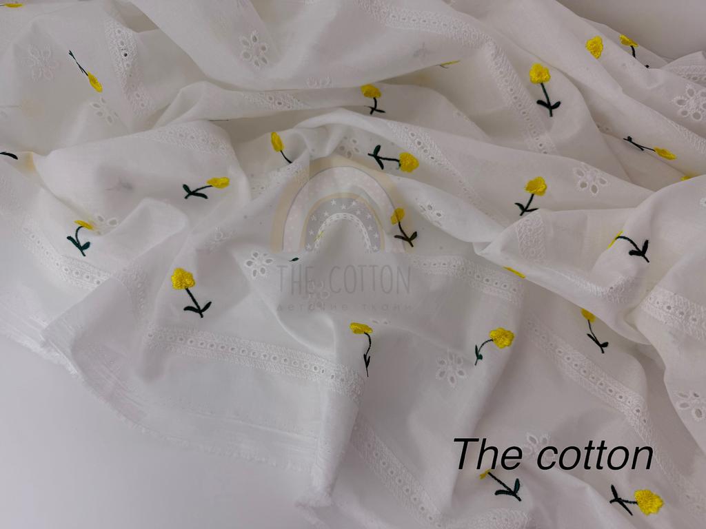 Батист вишивка - Вишивка квіти жовті на білому C025