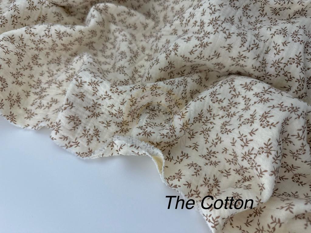 Муслін двошаровий - Квіти коричневі з гілочками на айворі