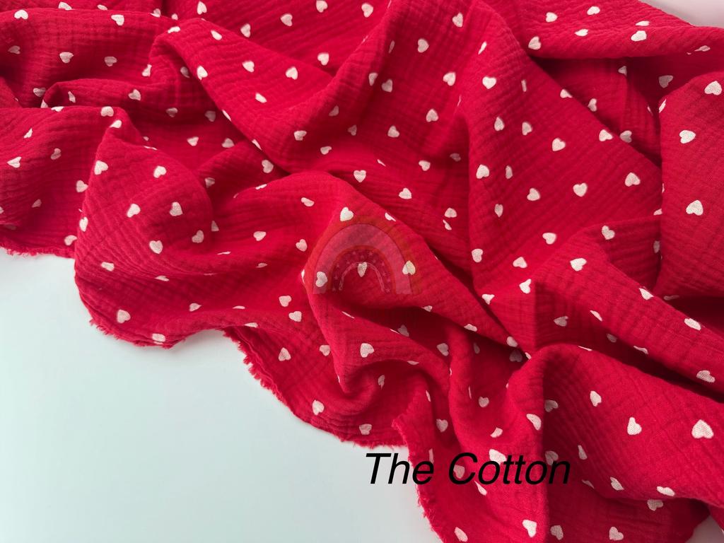 Муслін - Сердечки дрібні білі на червоному