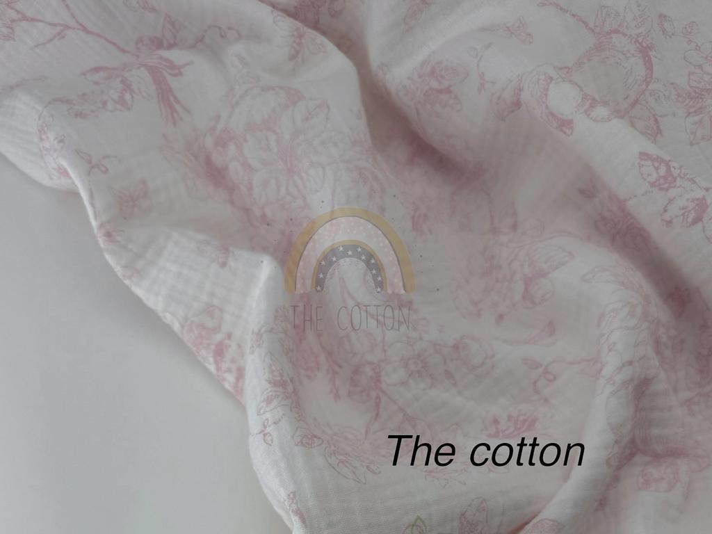 Муслін двошаровий - Квіти етюди природи рожеві на молочному