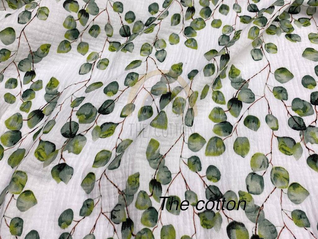 Муслін двошаровий - Листя евкаліпта  на білому