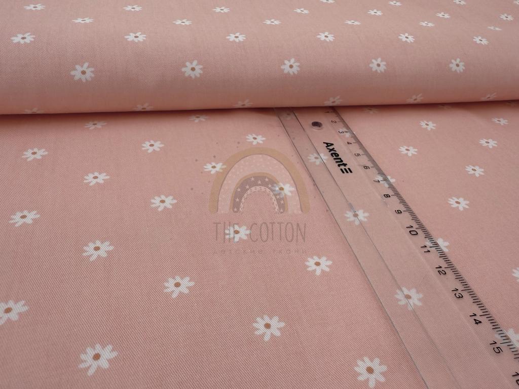 Бавовна Сатин - Квіти ромашки маленькі на ніжно-рожевому SP 1007