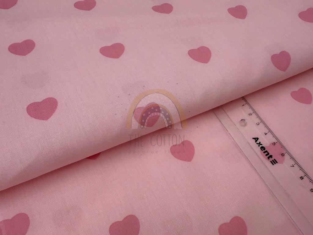 Бавовна Сатин - Середні темно-рожеві сердечка на ніжно-рожевому SP 1011