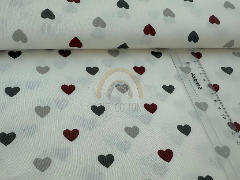 Бавовна Сатин - Cердечка сірі, чорні, коричневі на білому SP 1031