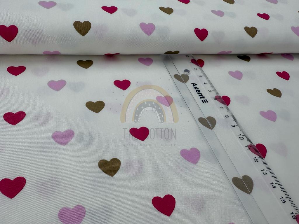 Бавовна Сатин - Cердечка рожеві, фіолетові, коричневі на білому SP 1038