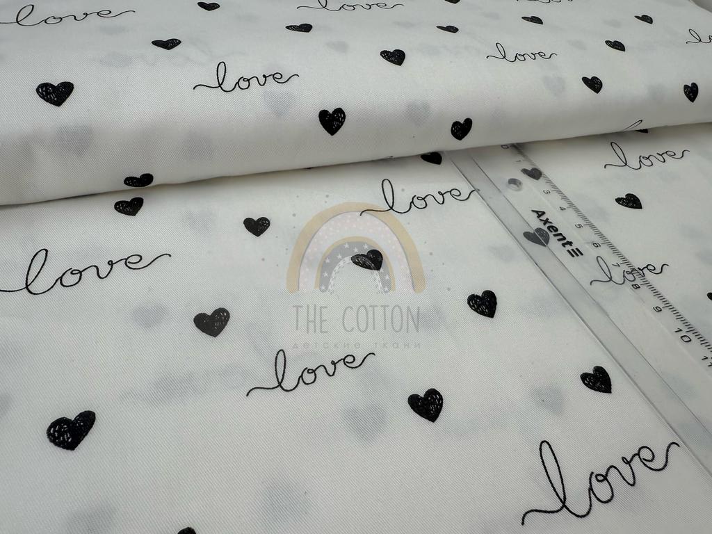Бавовна Сатин - Чорні сердечка з надписом на білому SP 1043