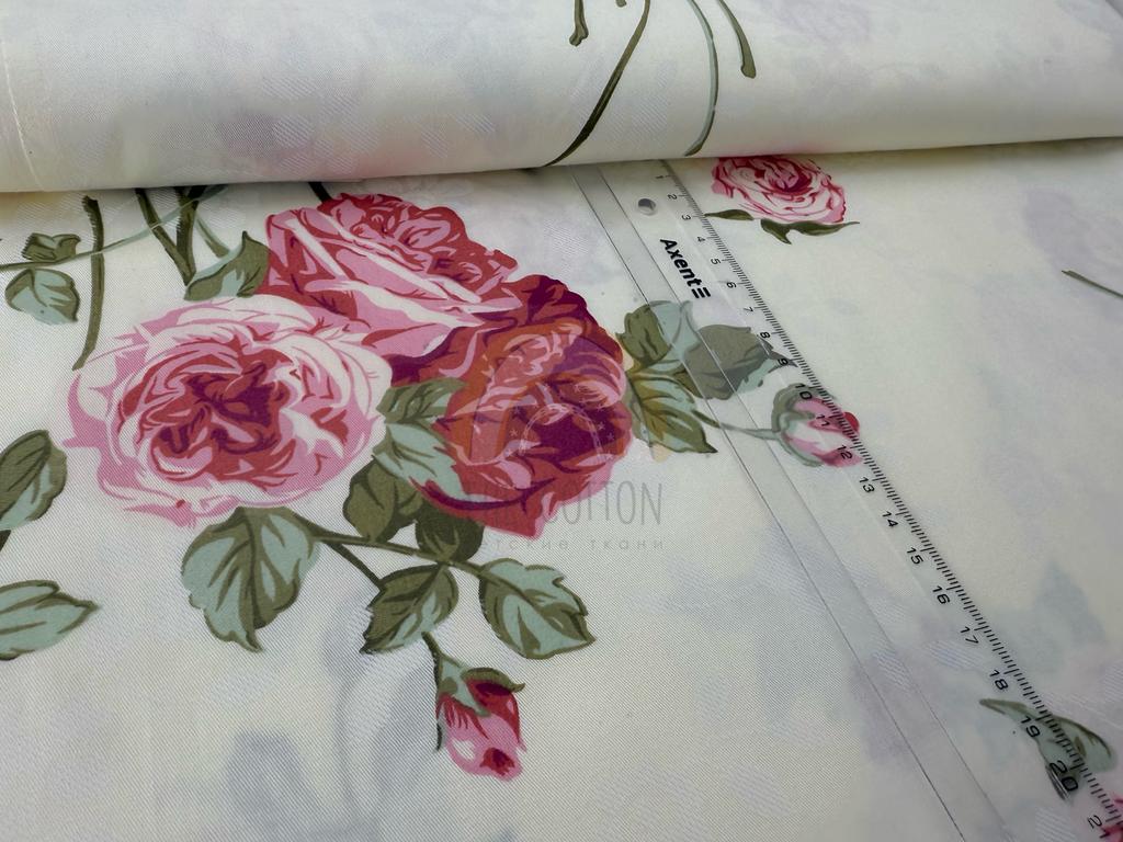 Бавовна Сатин - Квіти троянди великі на молочному SP 1071