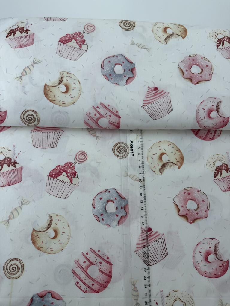 Бавовна Сатин - Кекси пончики цукерки на білому SP 1015