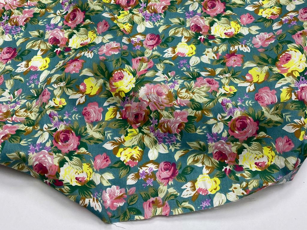 Бавовна Сатин - Квіти троянди густі різнокольорові на темно-зеленому SP 1068
