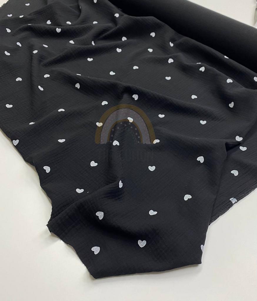 Муслін - Сердечки середні білі  на чорному
