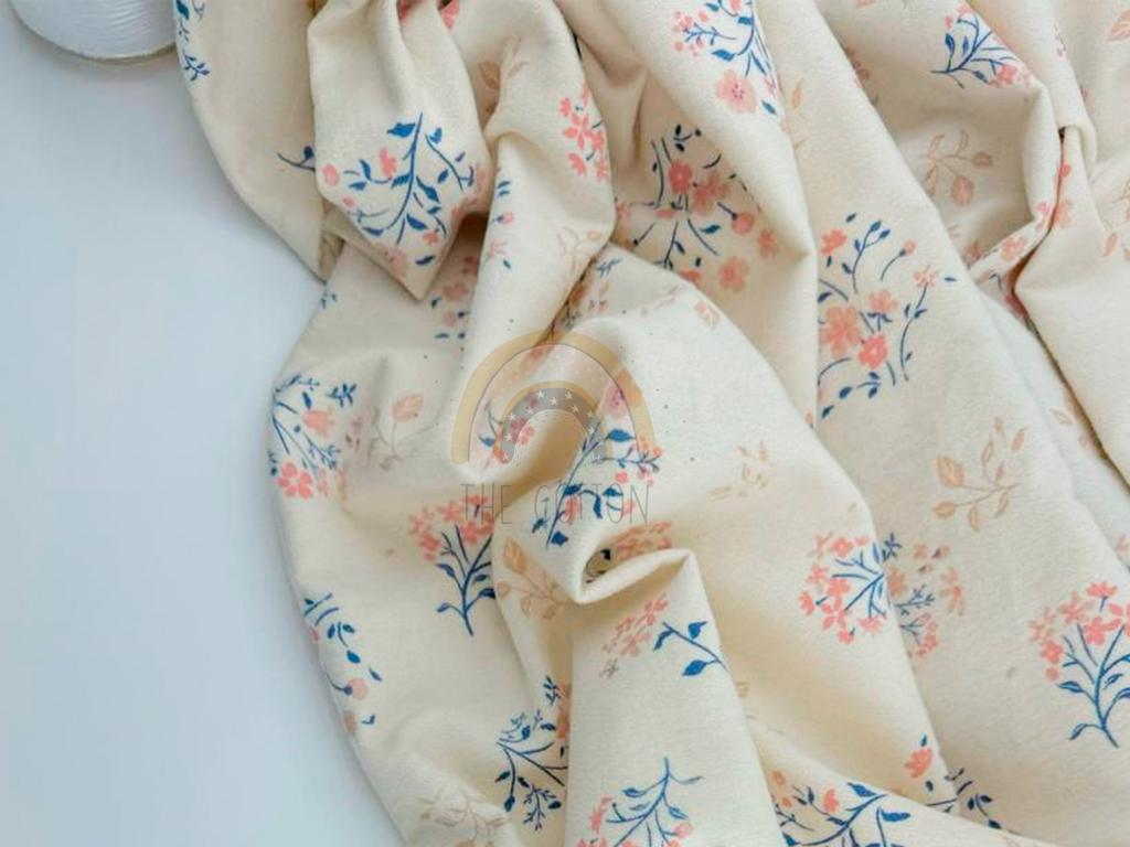 Фланель - Принт рослинний гілочки рожево-блакитні на айворі