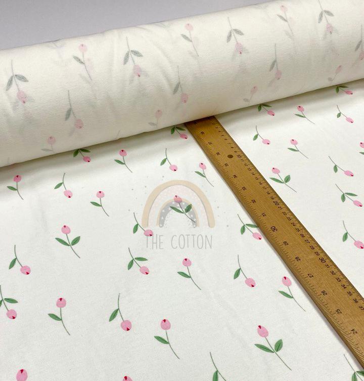 Фланель - Квіти тюльпанчики рожеві з довгою ніжкою на молочному