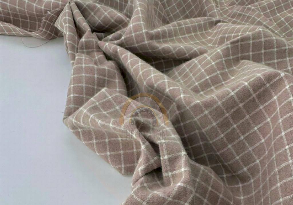 Сорочкова фланель  -  Сорочкова тканина з начісом принт клітинка біла на бежевому