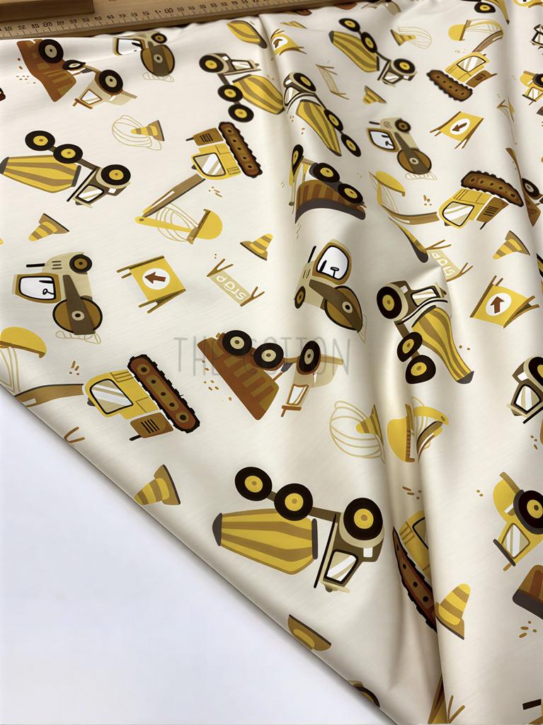 Бавовна Сатин - принт дитячий трактора, грузовики, техніка авто на айворі SP 1216