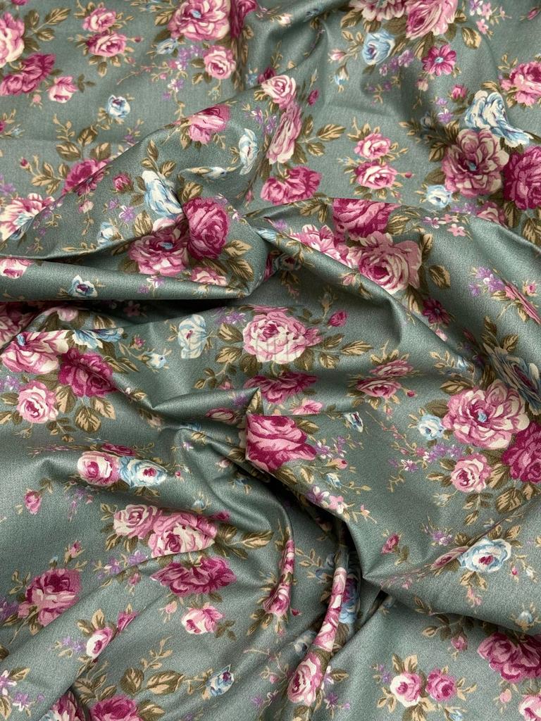 Бавовна Сатин - Принт квіти троянди чайні, рожеві на зеленому SP 1091