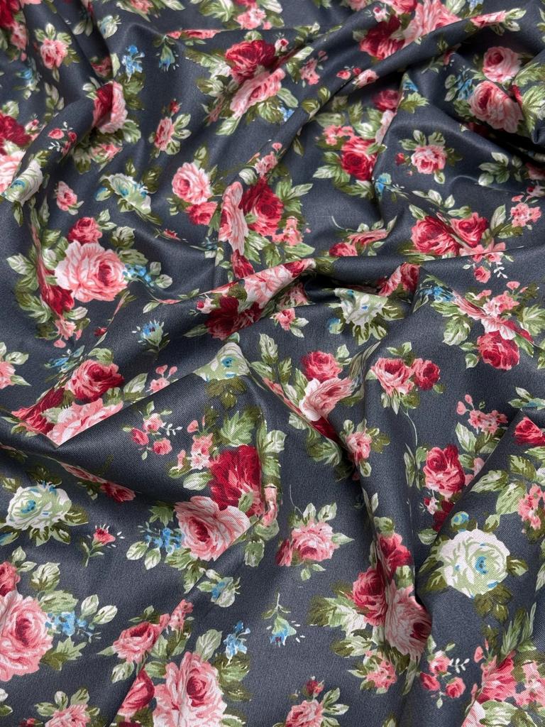 Бавовна Сатин - Принт квіти троянди на синьому SP 1089