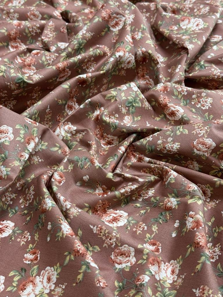 Бавовна Сатин - Принт квіти троянди, квіти на коричневому SP 1093