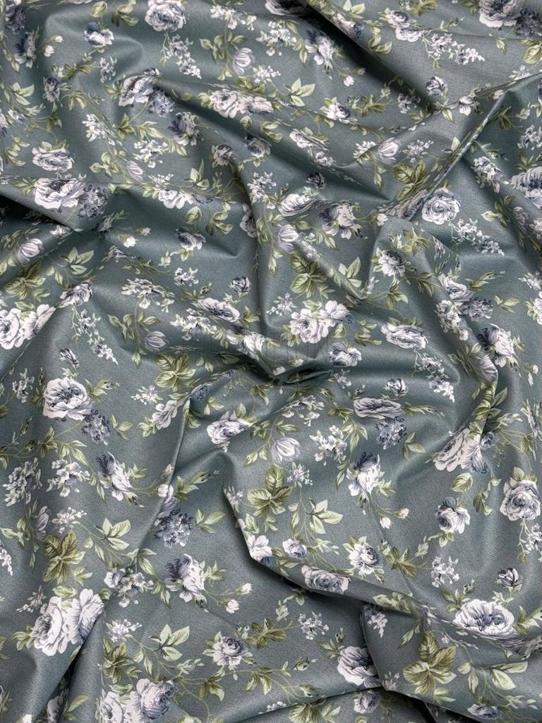 Бавовна Сатин - Принт квіти троянди кучеряві блакитні на зеленому SP 1094