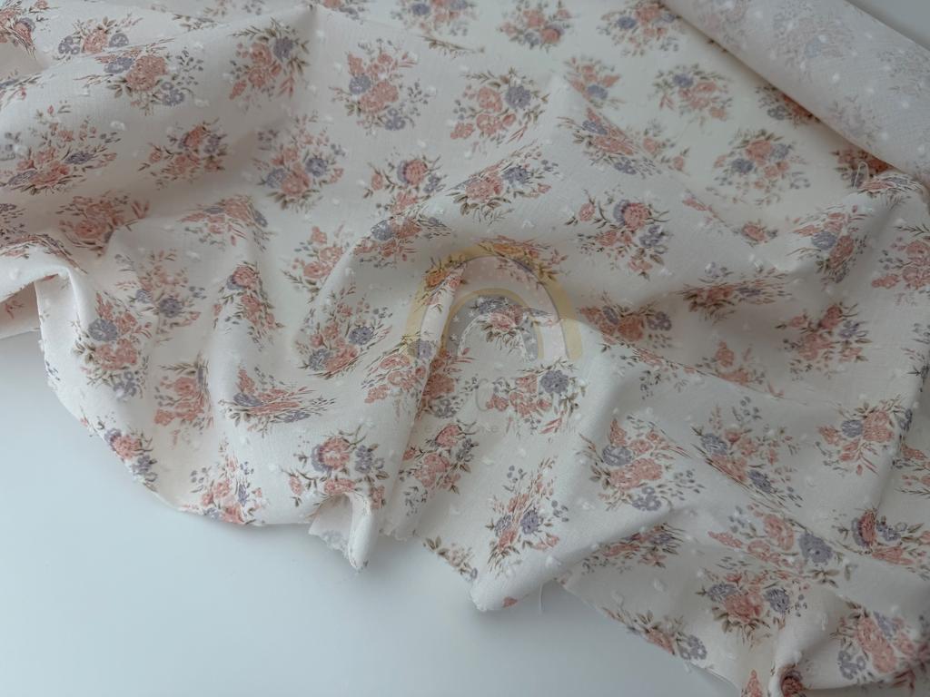 Батист в  мушку - Квіти букети рожеві і лавандові на айворі BM 0346